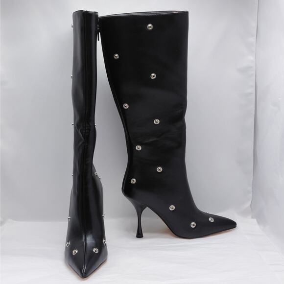 Black Studded Knee High Pointed Toe Stiletto Heel Boots Womens 7.5 Edgy Chic - Picture 2 of 9